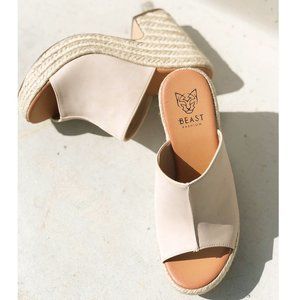 NEW Sand Faux Leather Espadrille Chunky Platform Wedge Slip On Slides Sandals